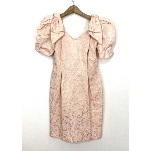Vintage 80s Midnight Glo Dress Sz 8 Pink Blush Bow Puff Sleeve Tapestry Pastel - Picture 1 of 6